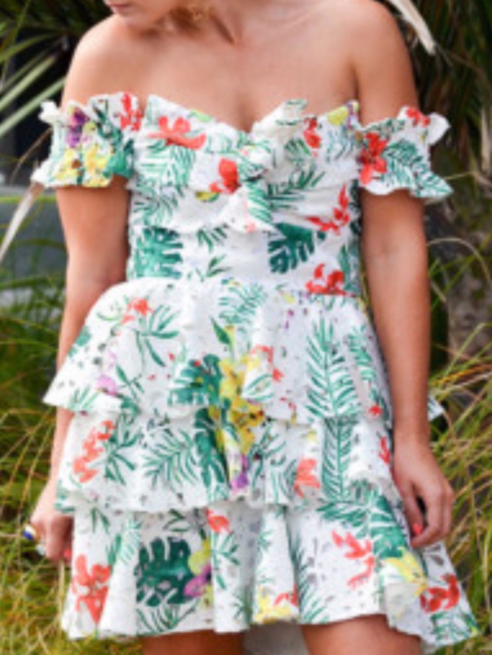 Ina White Tropical Floral Off-Shoulder Ruffle Dress - Picture 2 of 6